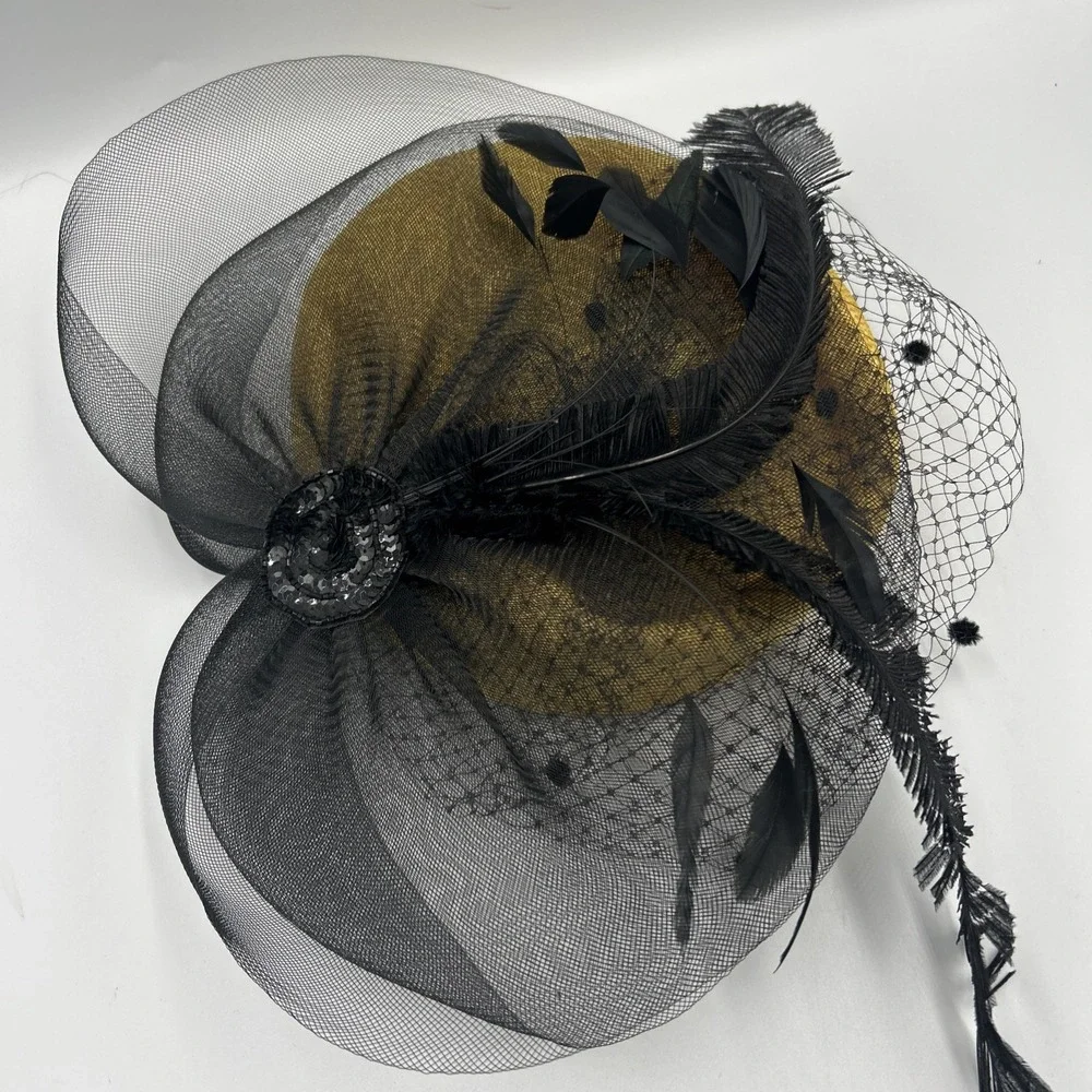 Yellow Black Fascinator Funeral Church Tea Party Hat Feathers Sequin Mesh